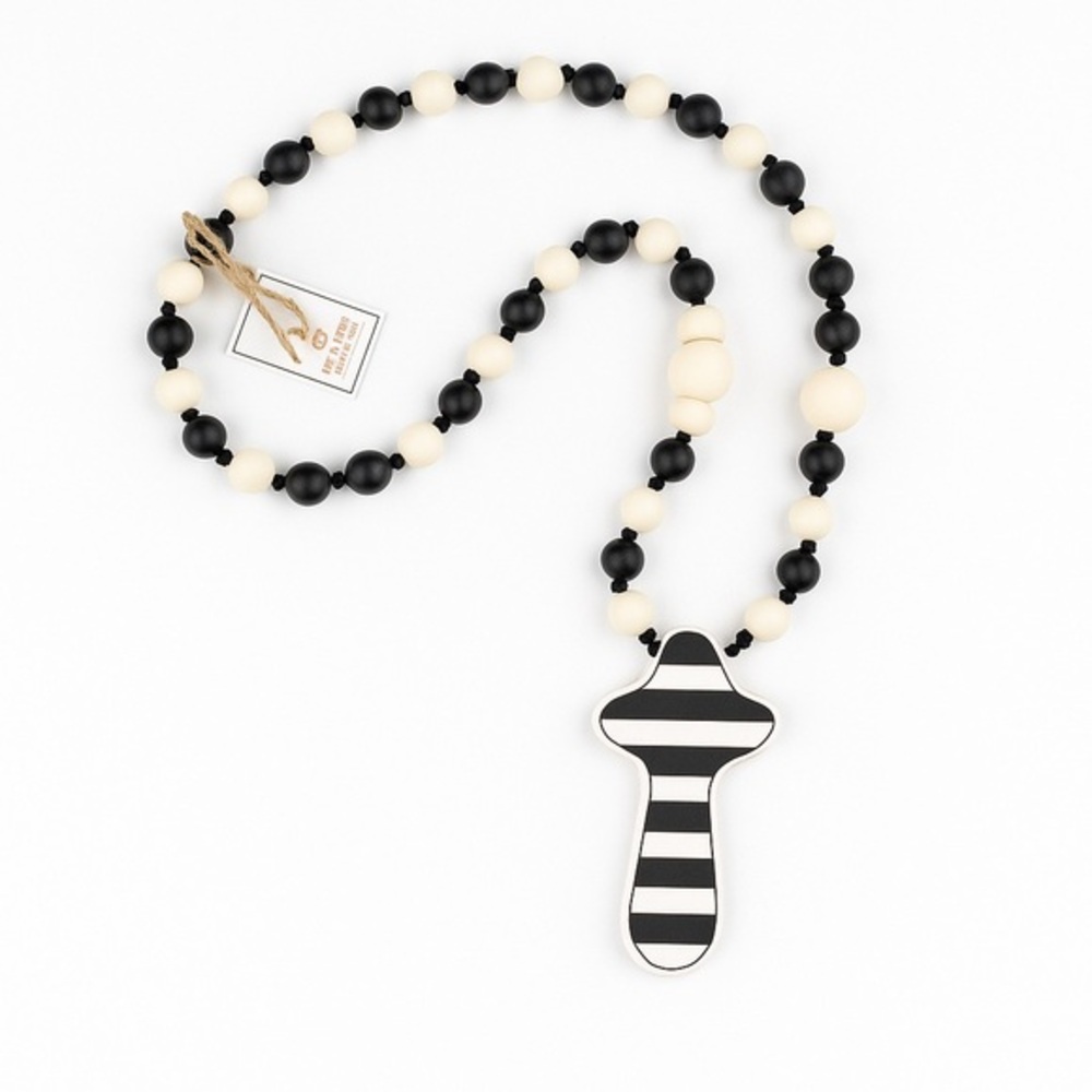 Simply Southern Black & Cream Wood Bead Necklace or Décor Striped Cross Pendant